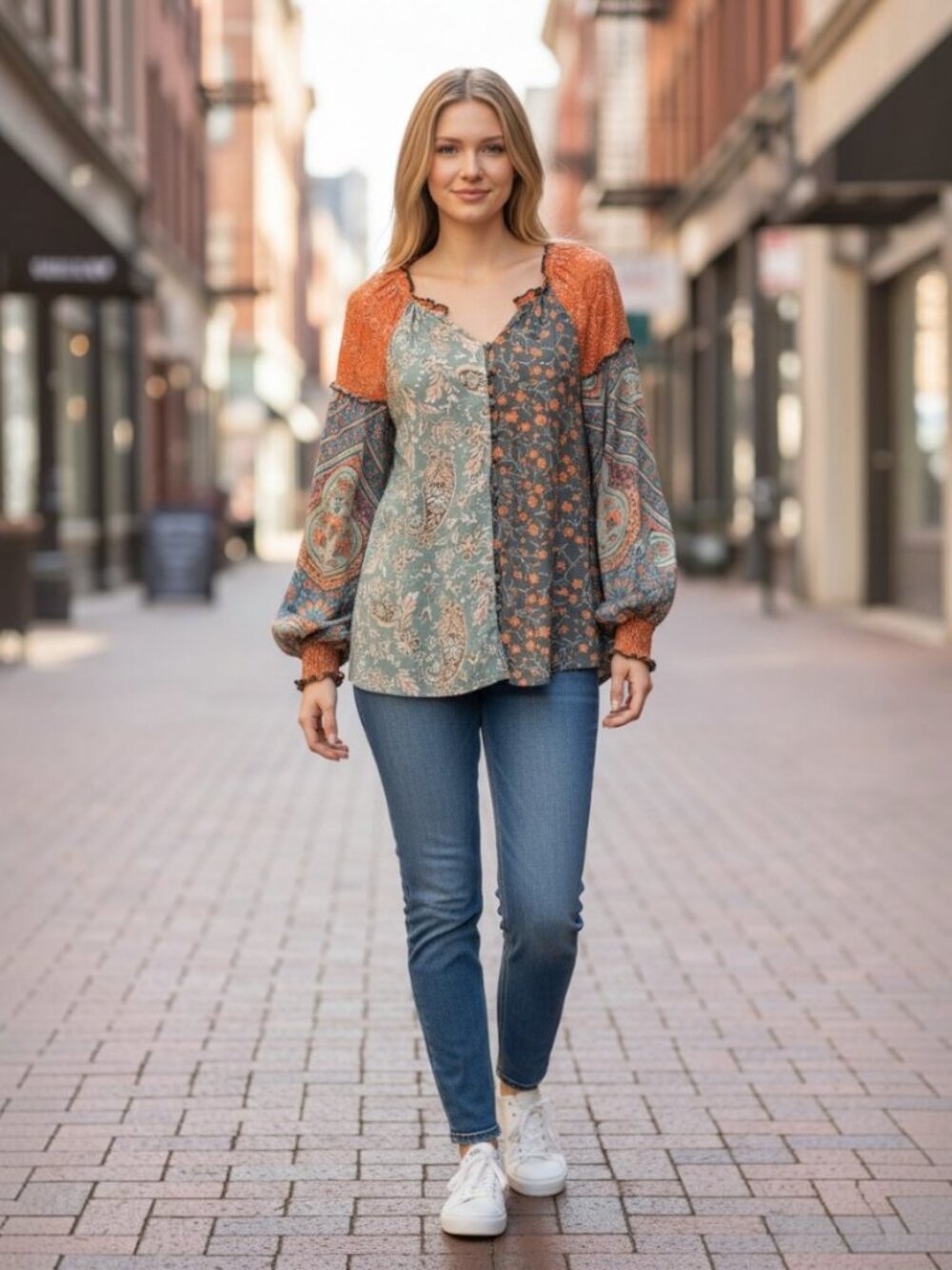 Oli & Hali Paisley & Floral Button-Front Blouse in Rust & Teal Oversized S